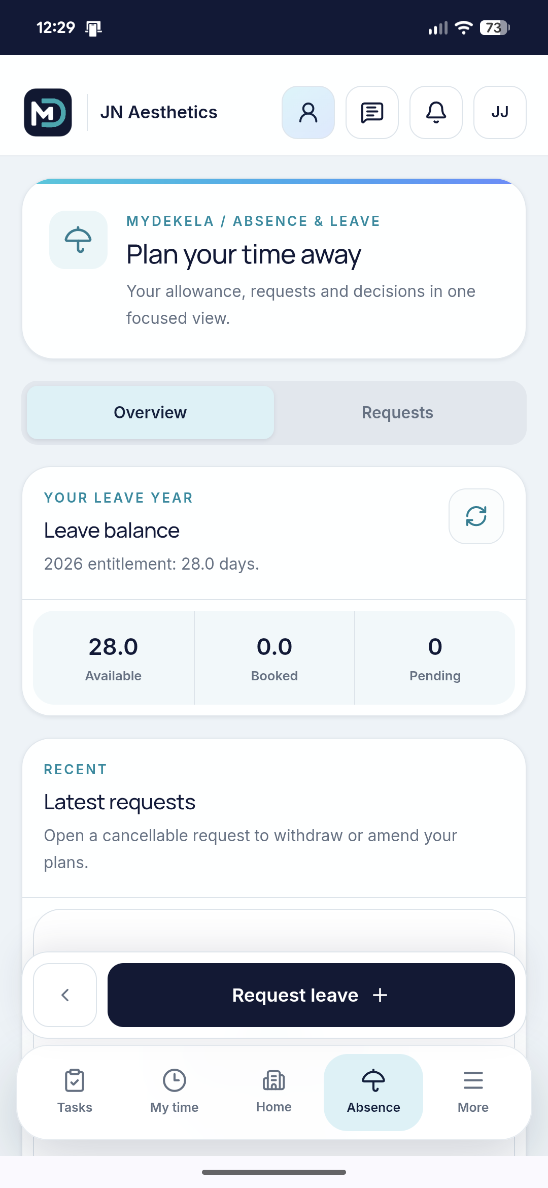 MyDekela mobile Absence and Leave screen showing leave balance and request controls